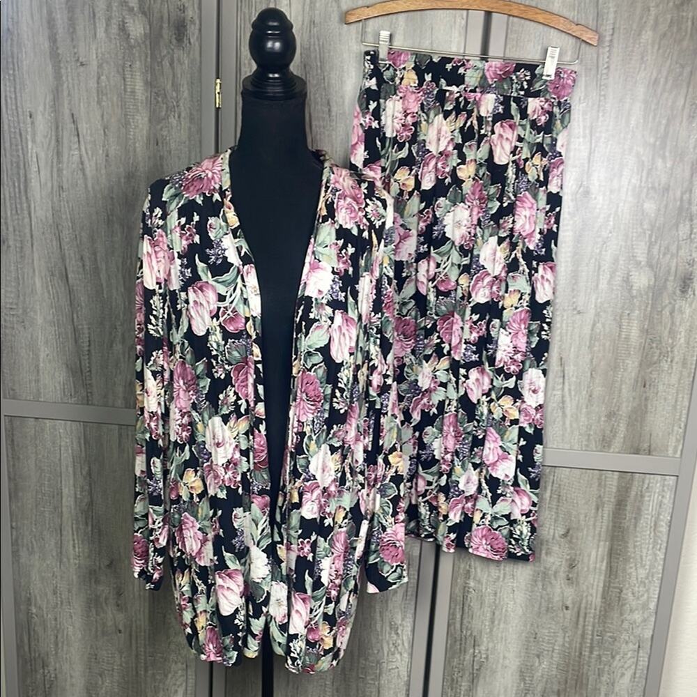 Y2K David Wayne floral open front cardigan elastic waist skirt set women's 1X